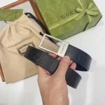 Gucci Unisex GG Belt Rectangular Buckle Black Leather 3.6 CM Width - Imagen 7