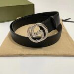 Gucci Unisex GG Blondie Belt Black Leather Round Interlocking G Buckle 4 CM Width - Image 4