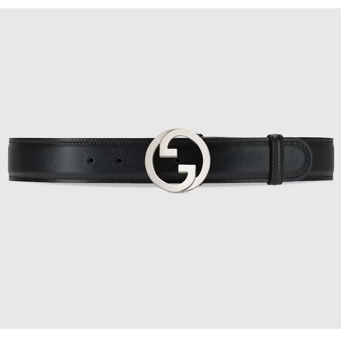 Gucci Unisex GG Blondie Belt Black Leather Round Interlocking G Buckle 4 CM Width