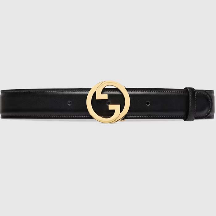 Gucci Unisex GG Blondie Belt Round Interlocking G Buckle Black Leather 4 CM Width