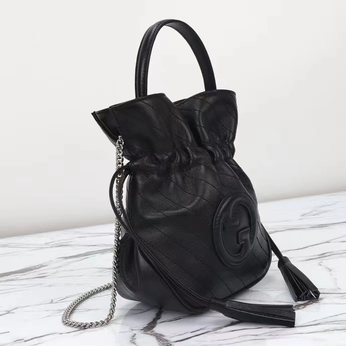 Gucci Unisex GG Blondie Mini Bucket Bag Black Leather Round Interlocking G (6)