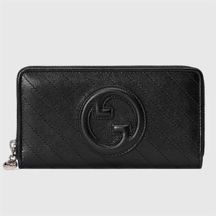 Gucci Unisex GG Blondie Zip Around Wallet Black Leather Round Interlocking G Zip Closure
