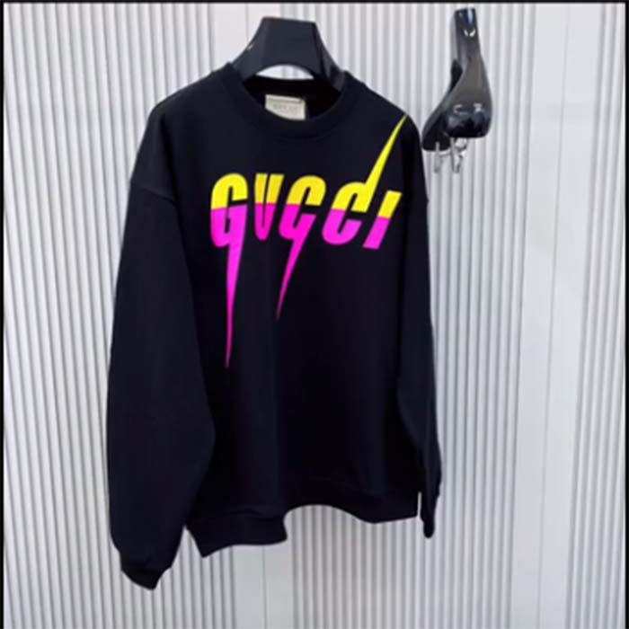 Gucci Unisex GG Cotton Jersey Printed Sweatshirt Black Felted Blade Print Crewneck Long Sleeves (1)