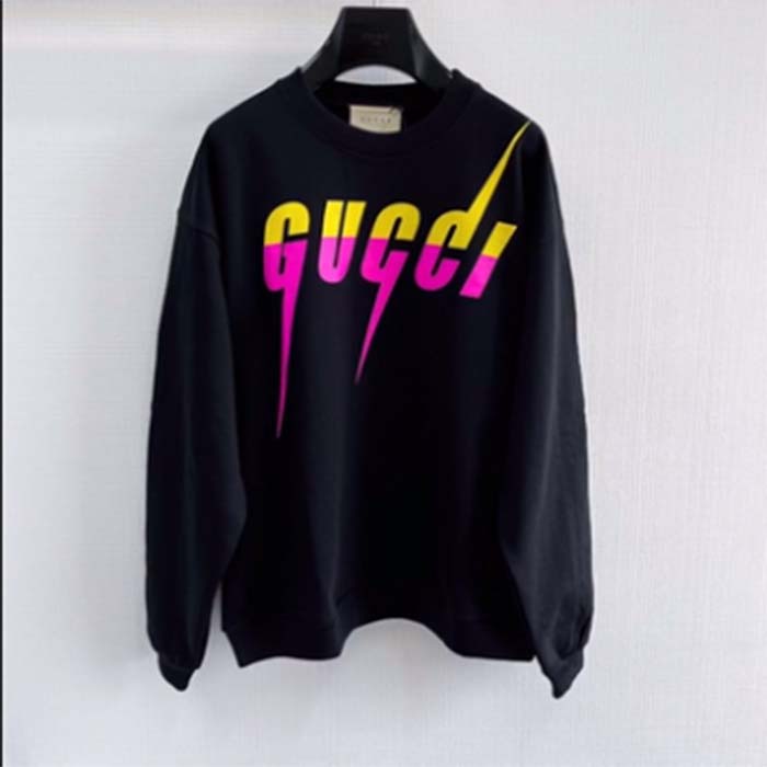 Gucci Unisex GG Cotton Jersey Printed Sweatshirt Black Felted Blade Print Crewneck Long Sleeves (10)