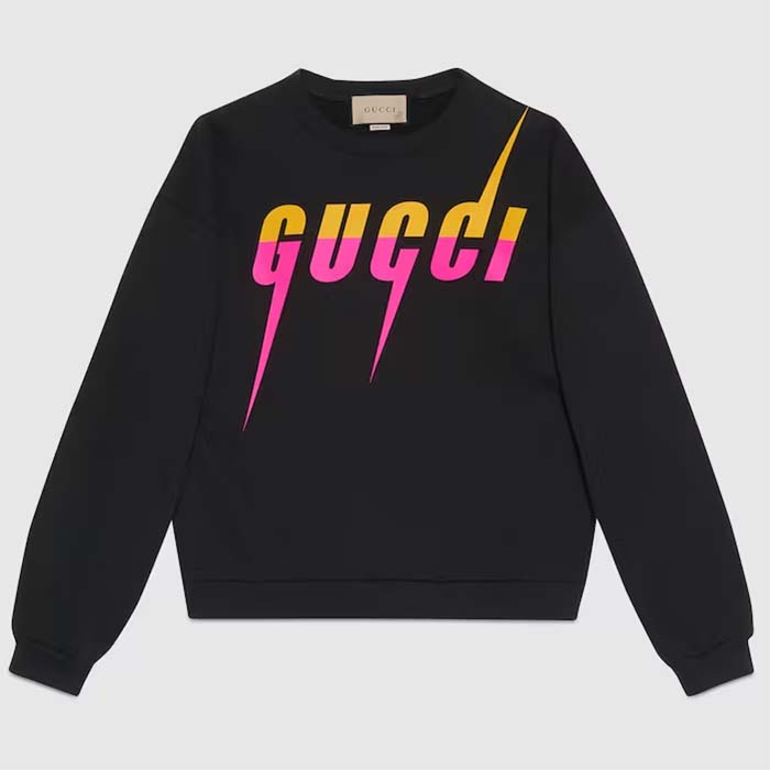 Gucci Unisex GG Cotton Jersey Printed Sweatshirt Black Felted Blade Print Crewneck Long Sleeves