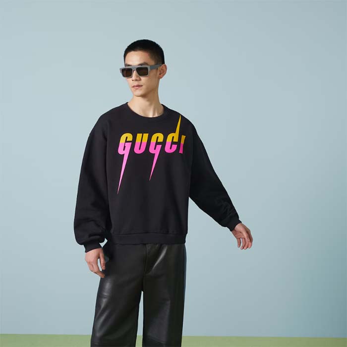 Gucci Unisex GG Cotton Jersey Printed Sweatshirt Black Felted Blade Print Crewneck Long Sleeves (5)