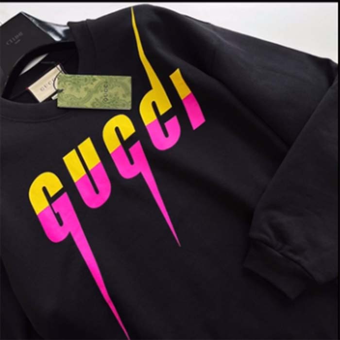 Gucci Unisex GG Cotton Jersey Printed Sweatshirt Black Felted Blade Print Crewneck Long Sleeves (9)