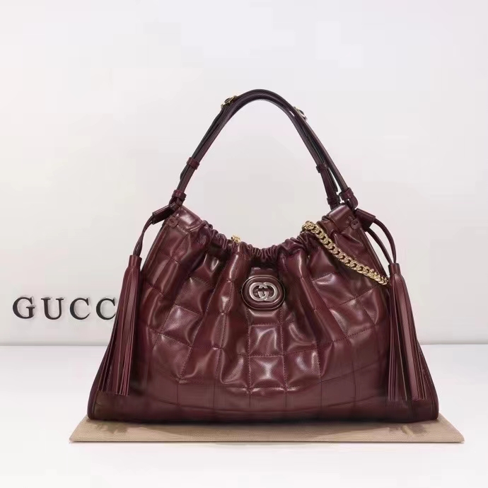 Gucci Unisex GG Deco Medium Tote Bag Dark Red Leather Two-Toned Vintage Interlocking G (10)