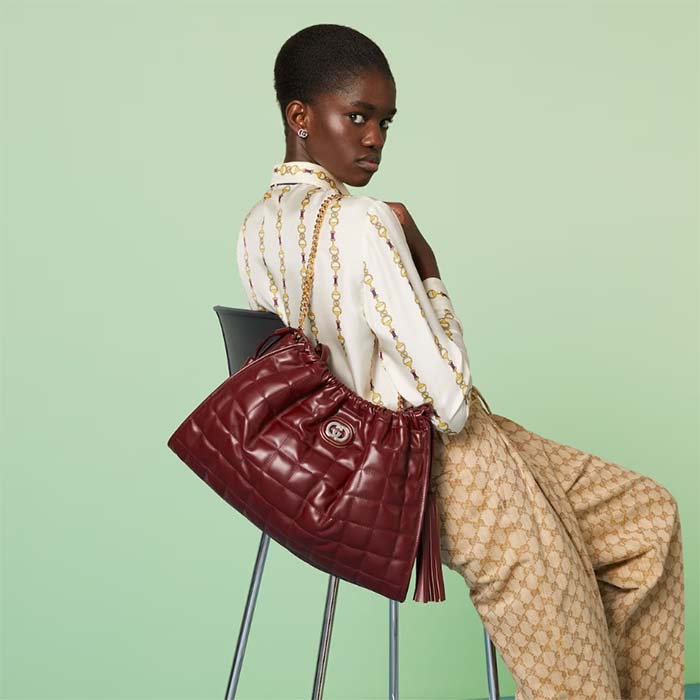 Gucci Unisex GG Deco Medium Tote Bag Dark Red Leather Two-Toned Vintage Interlocking G (4)