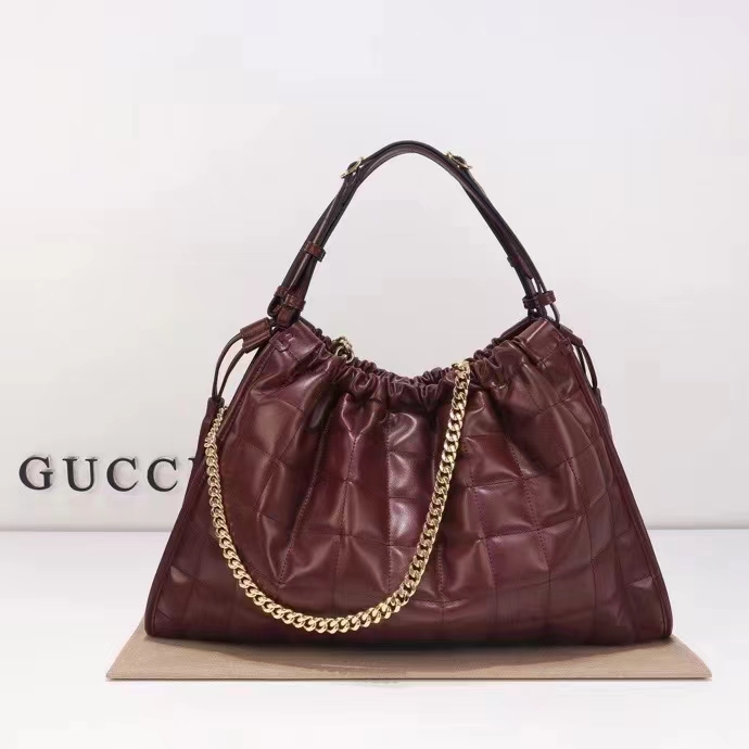 Gucci Unisex GG Deco Medium Tote Bag Dark Red Leather Two-Toned Vintage Interlocking G (5)