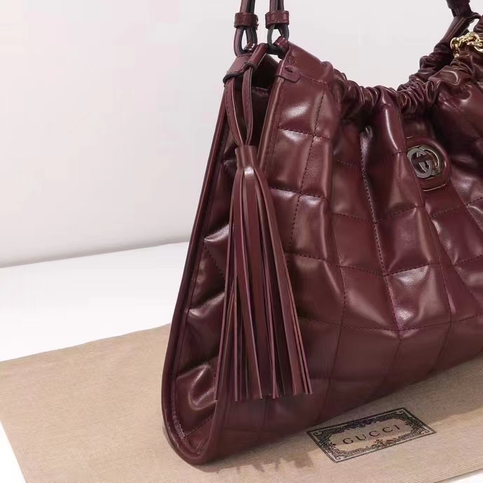 Gucci Unisex GG Deco Medium Tote Bag Dark Red Leather Two-Toned Vintage Interlocking G (6)