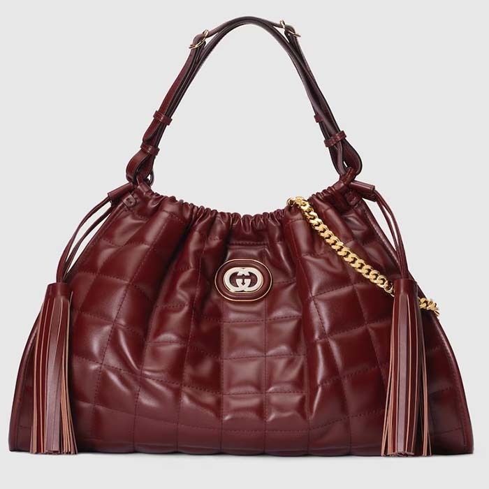 Gucci Unisex GG Deco Medium Tote Bag Dark Red Leather Two-Toned Vintage Interlocking G