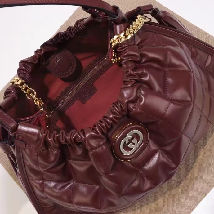 Gucci Unisex GG Deco Medium Tote Bag Dark Red Leather Two-Toned Vintage Interlocking G (8)