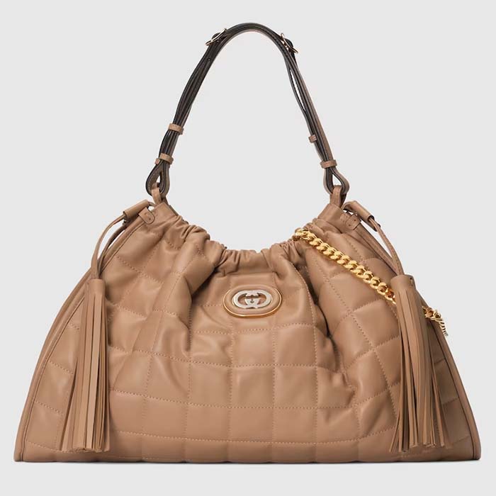 Gucci Unisex GG Deco Medium Tote Bag Rose Beige Quilted Leather Two-Toned Vintage Interlocking G