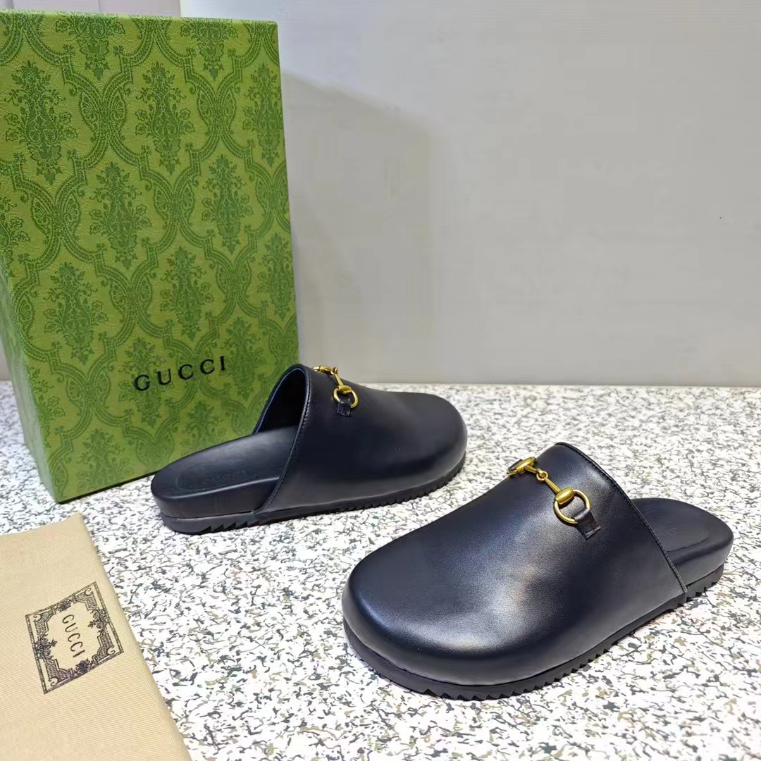 Gucci Unisex GG Horsebit Slipper Black Leather Gold-Toned Hardware Flat 2 CM Heel (5)