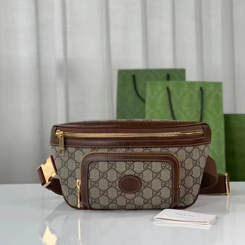 Gucci Unisex GG Large Belt Bag Beige Ebony GG Supreme Canvas Oval Interlocking G Leather (4)
