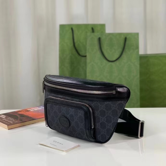 Gucci Unisex GG Large Belt Bag Black GG Supreme Canvas Leather Oval Interlocking G (6)