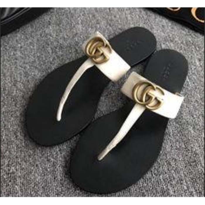 Gucci Unisex GG Leather Thong Sandal Double G White Leather Interlocking G Flat (6)