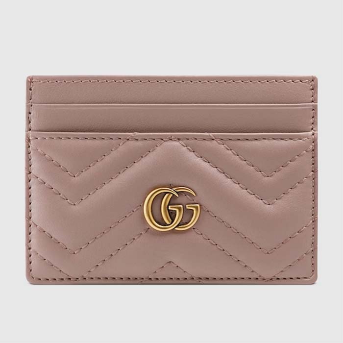 Gucci Unisex GG Marmont Matelassé Card Case Dusty Pink Chevron Leather Double G