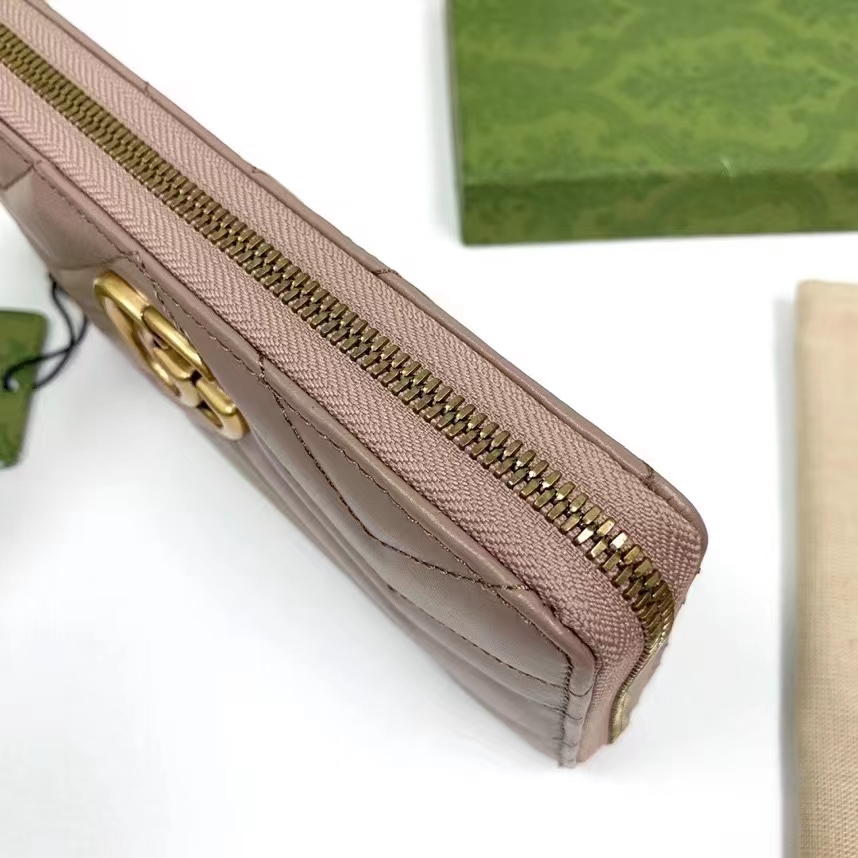 Gucci Unisex GG Marmont Matelassé Zip Around Wallet Rose Beige Chevron Leather (4)