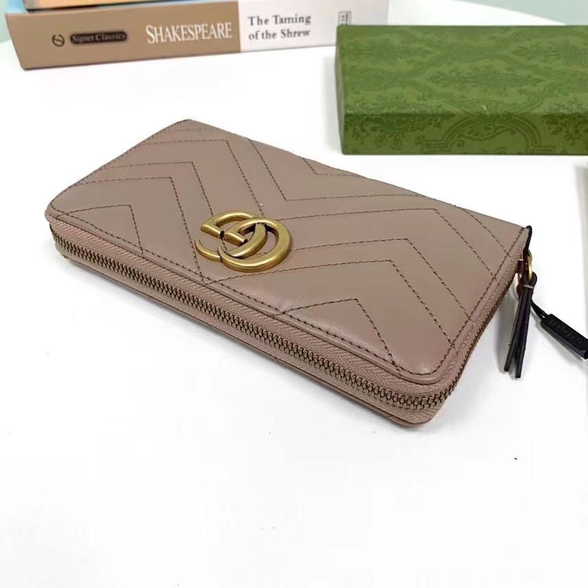 Gucci Unisex GG Marmont Matelassé Zip Around Wallet Rose Beige Chevron Leather (5)