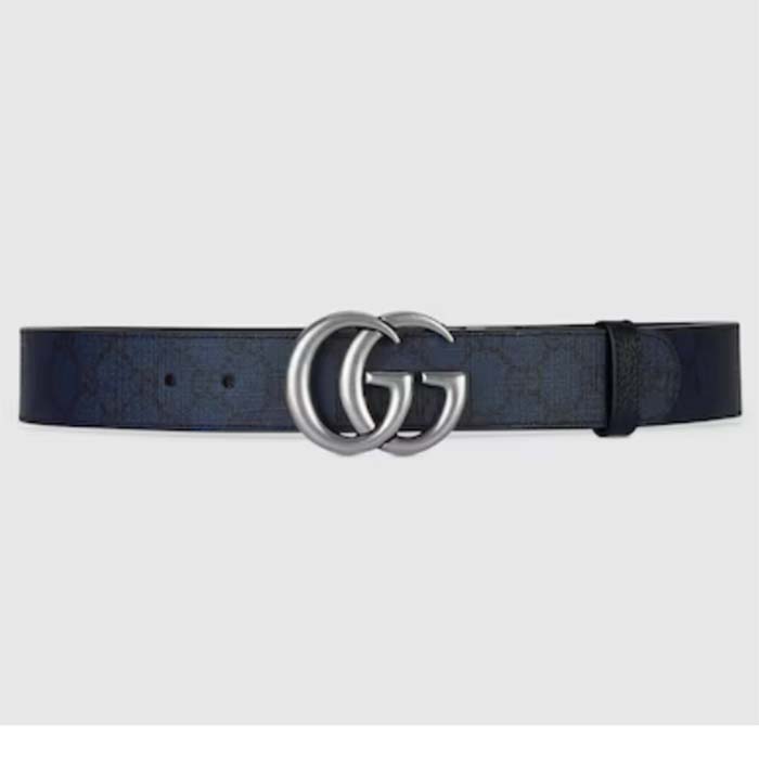 Gucci Unisex GG Marmont Reversible Belt Dark Blue Supreme Canvas Double G Buckle
