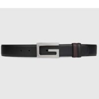 Gucci Unisex GG Reversible Belt Square G Buckle Black Leather Reverses Brown Leather