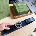 Gucci Unisex GG Signature Leather Belt Black Interlocking G Buckle 3.8 CM Width – Image 3