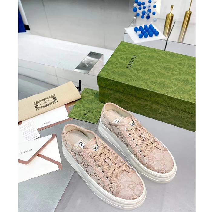 Gucci Unisex GG Sneaker Pink Original GG Canvas Rubber Sole Interlocking G Flat (7)