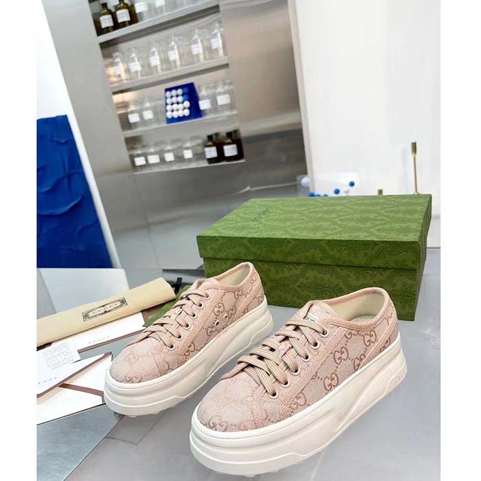 Gucci Unisex GG Sneaker Pink Original GG Canvas Rubber Sole Interlocking G Flat (8)