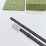 Gucci Unisex GG Thin Belt Crystal Double G Buckle Black Leather 2 CM Width - Imagen 8