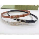 Gucci Unisex GG Thin Belt Crystal Double G Buckle Black Leather 2 CM Width - Imagen 7