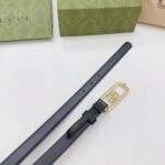 Gucci Unisex GG Thin Belt Crystal Double G Buckle Black Leather 2 CM Width - Imagen 9