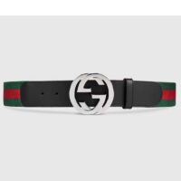 Gucci Unisex GG Web Belt Interlocking G Buckle Green Red Web Black Leather 3.8 CM Width (2)