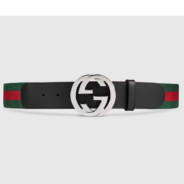 Gucci Unisex GG Web Belt Interlocking G Buckle Green Red Web Black Leather 3.8 CM Width