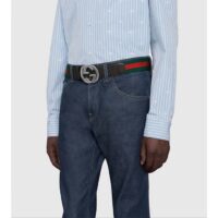 Gucci Unisex GG Web Belt Interlocking G Buckle Green Red Web Black Leather 3.8 CM Width (2)