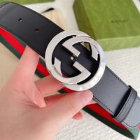 Gucci Unisex GG Web Belt Interlocking G Buckle Green Red Web Black Leather 3.8 CM Width (2)