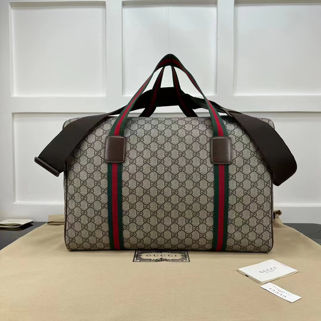 Gucci Unisex Large Duffle Bag Web Beige Ebony Soft GG Supreme Zip Closure (12)