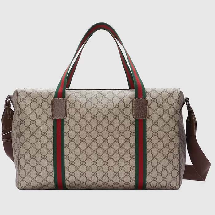 Gucci Unisex Large Duffle Bag Web Beige Ebony Soft GG Supreme Zip Closure