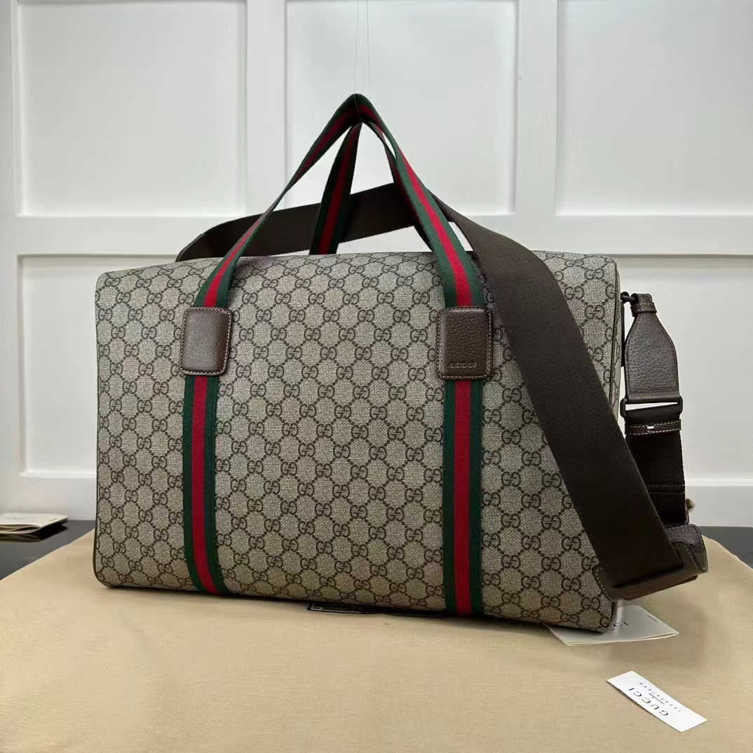 Gucci Unisex Large Duffle Bag Web Beige Ebony Soft GG Supreme Zip Closure (3)