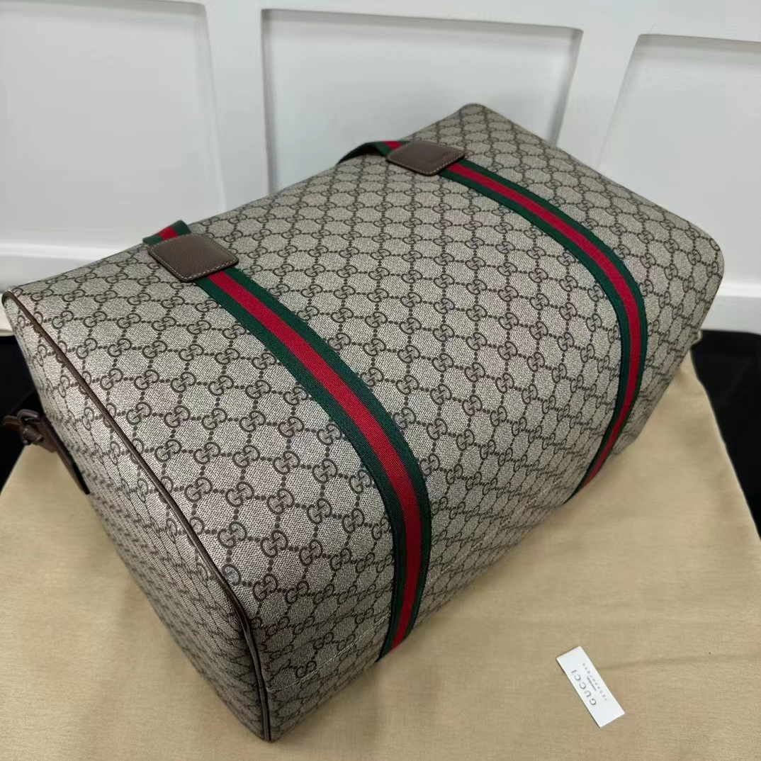Gucci Unisex Large Duffle Bag Web Beige Ebony Soft GG Supreme Zip Closure (8)