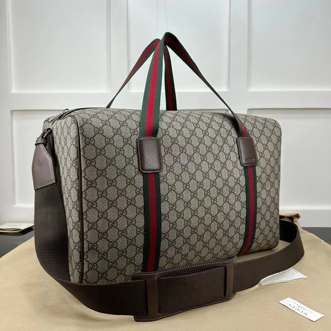 Gucci Unisex Large Duffle Bag Web Beige Ebony Soft GG Supreme Zip Closure (9)