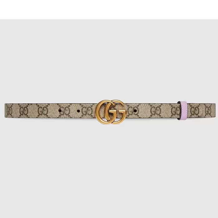 Gucci Unisex Marmont Reversible Thin Belt Beige Ebony GG Supreme Canvas Purple Leather
