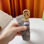 Gucci Unisex Marmont Reversible Thin Belt Beige Ebony GG Supreme Canvas Purple Leather - immagine 6