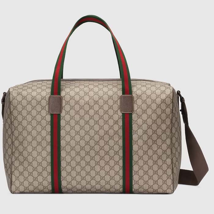 Gucci Unisex Maxi Duffle Bag Web Beige Ebony Soft GG Supreme Zip Closure