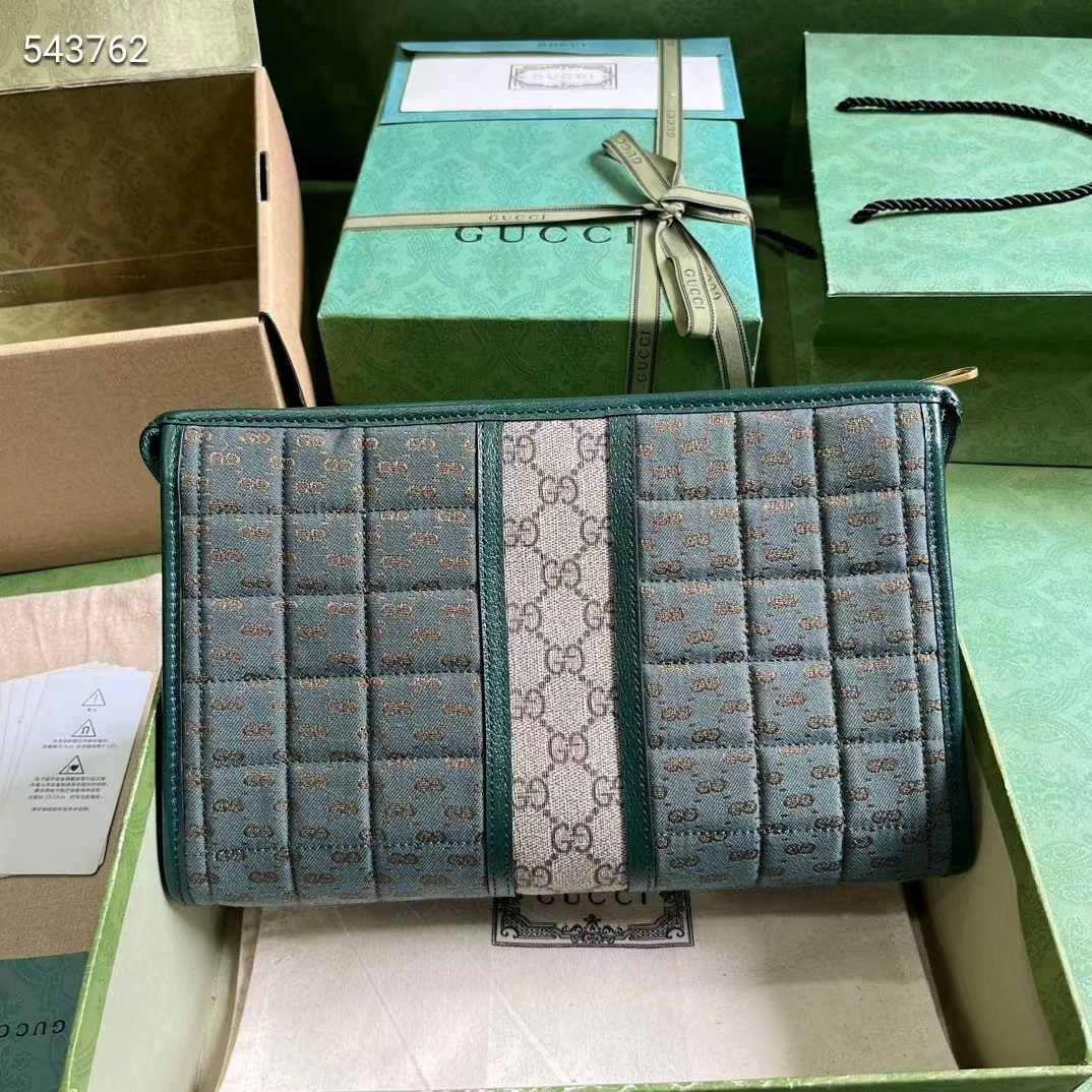 Gucci Unisex Mini GG Canvas Pouch Green Quilted Beige Ebony Supreme (2)
