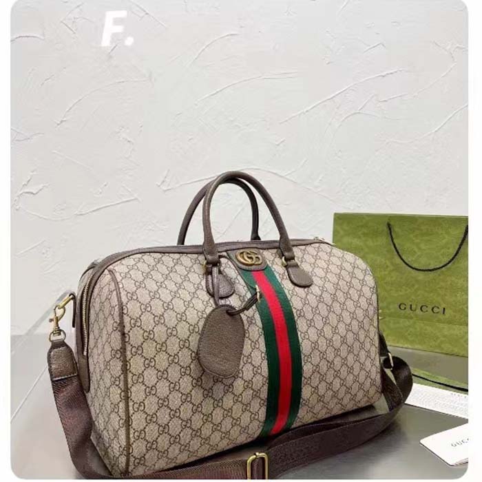 Gucci Unisex Savoy Medium Duffle Bag Beige Ebony GG Supreme Canvas Double G (9)