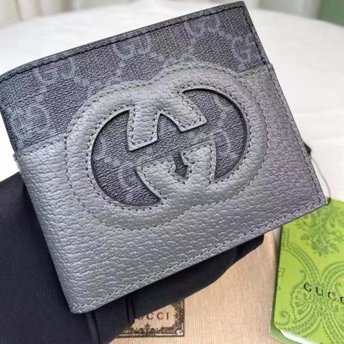 Gucci Unisex Wallet Cut-Out Interlocking G Black Grey GG Supreme Canvas (9)