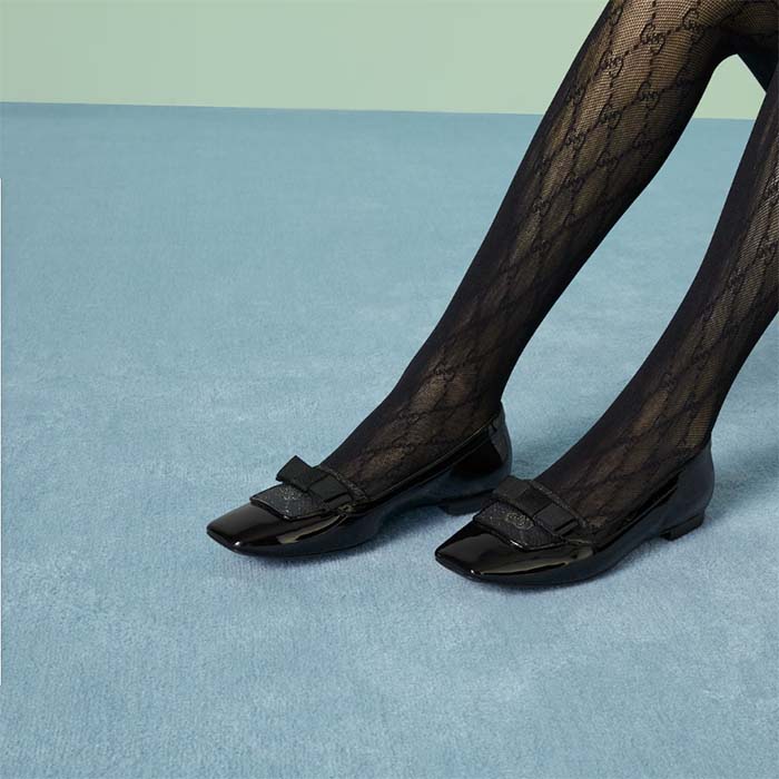 Gucci Women Ballet Flats GG Canvas Black Patent Leather Bow Sole Square Toe (5)