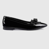 Gucci Women Ballet Flats GG Canvas Black Patent Leather Bow Sole Square Toe